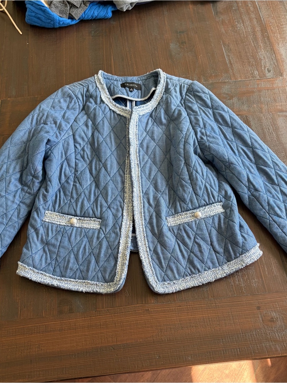 Talbots Quilted Light Blue Trim Tweed-Accent Jacket